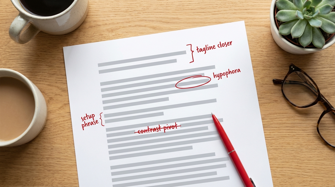 A blog post draft with red-pen editorial annotations marking AI writing patterns