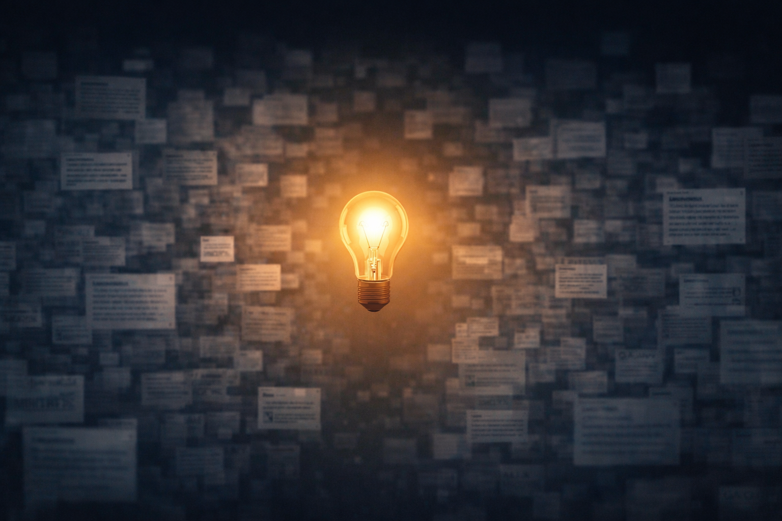 Glowing lightbulb cutting through a wall of generic content blocks