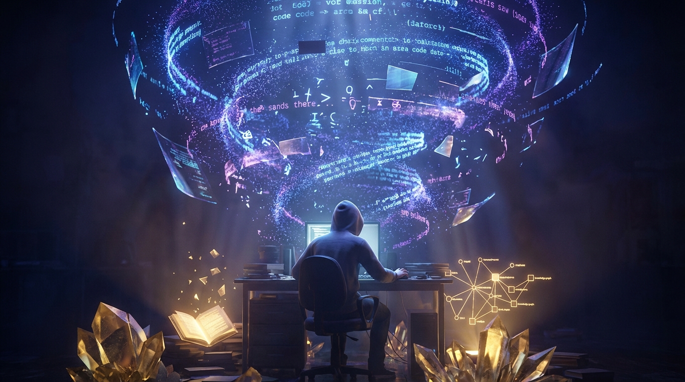 Person at a desk filtering chaotic internet data into crystallized knowledge outputs