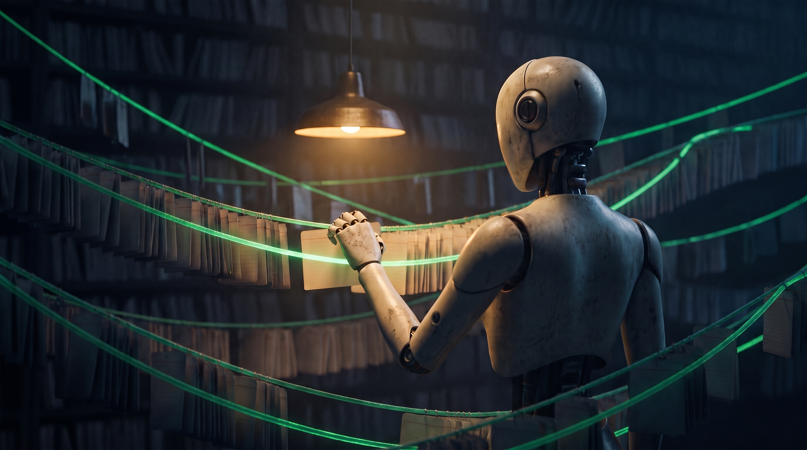 A robot seen from behind draws one index card from rows of cards hung on glowing emerald cords in a dark archive