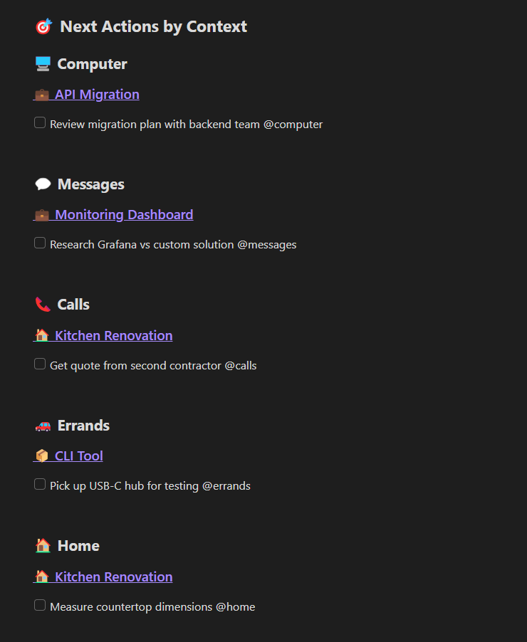 Next Actions by Context showing tasks grouped under Computer, Messages, Calls, Errands, and Home