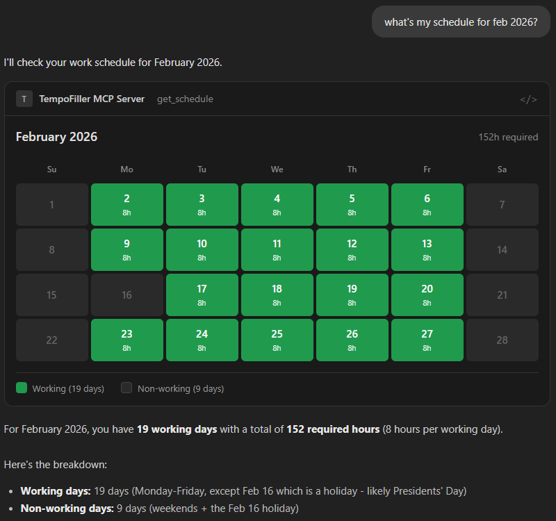 Schedule calendar showing working days highlighted in a month grid