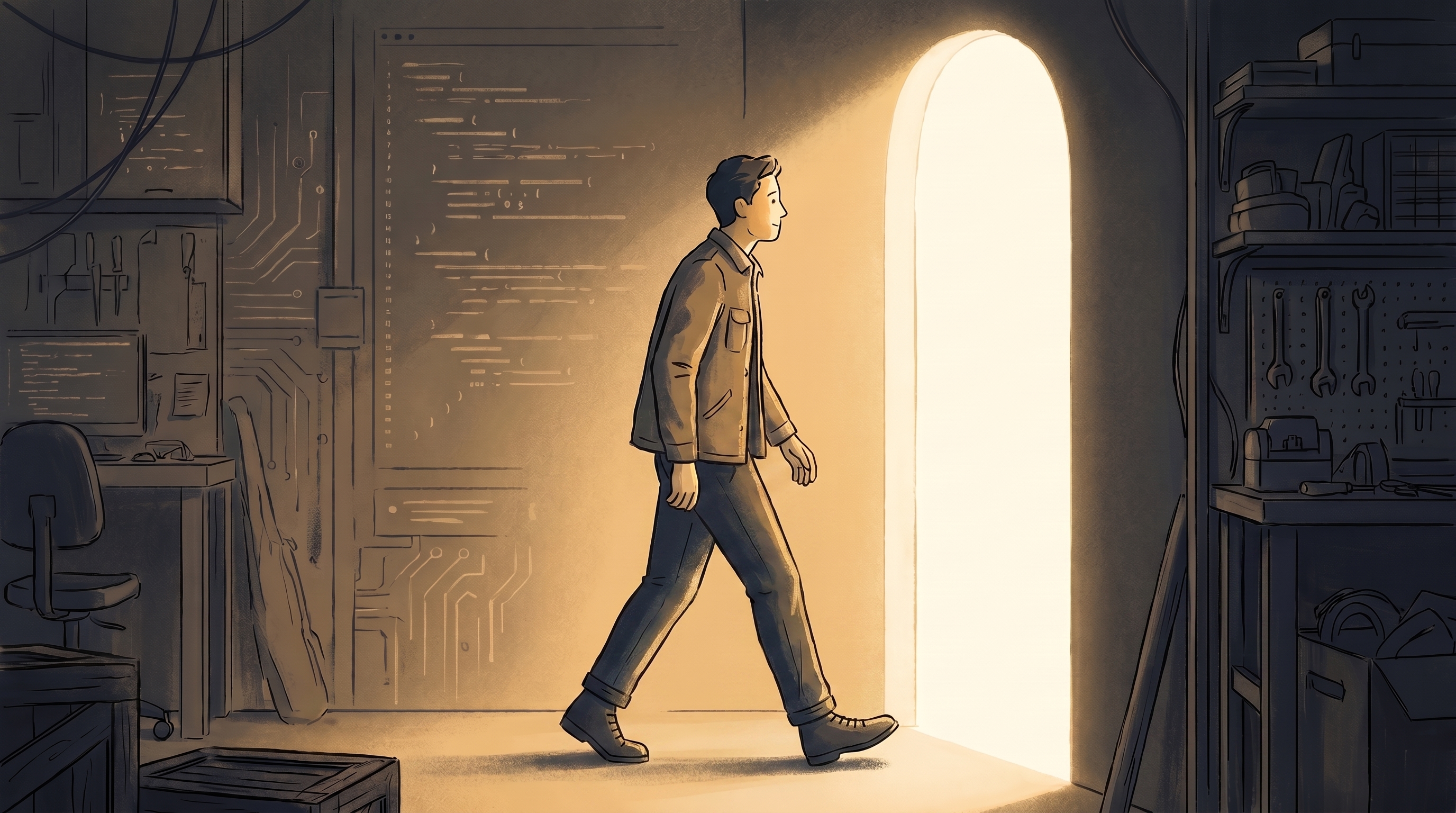 Engineer stepping up to a higher platform, representing the move from spec taker to higher-scope individual contributor work